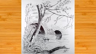 Drawing Landscape With Gel Pen  Ballpoint Pen Landscape Step By Step [upl. by Hendrika]