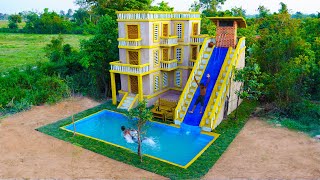 Building Most Creative 4Story Mud Villa House With Contemporary Water Slide And Swimming Pool Park [upl. by Rosio]