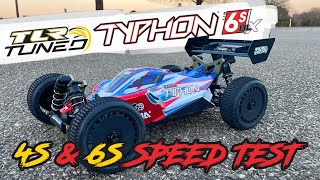 Arrma TLR Tuned Typhon 6S  Stock 4S and 6S Speed Run  65MPH [upl. by Naejamron927]