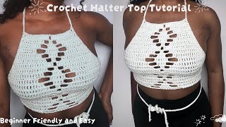 Easy Crochet Halter Top for Beginners  Diamond Crop Top Tutorial [upl. by Atteloiv]