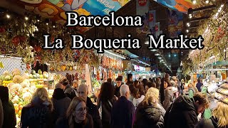 Barcelona La Boqueria street food Market drinks Meat Seafood juice fruit Barça Spain [upl. by Alison]