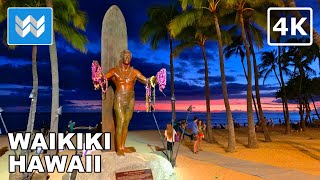 4K Waikiki Beach at Night in Honolulu Hawaii USA Walking Tour amp Travel Vacation Guide Kalakaua [upl. by Aidnama]