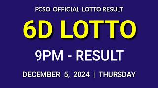 6D LOTTO RESULT 9PM DRAW TODAY December 5 2024 Thursday PCSO 6D LOTTO Evening Draw [upl. by Marris900]