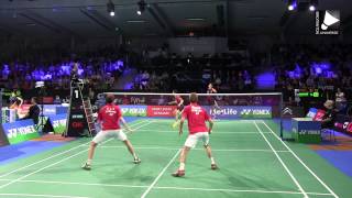 Super defence from Mathias BoeCarsten Mogensen vs Lee YongdaeYoo Yeonseong Denmark Open 2014 [upl. by Nadeen]