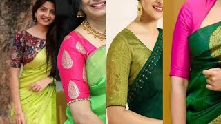 Plain green saree with contrast blouse designs ideas [upl. by Nunci481]