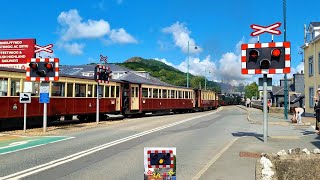 Very unusual ungated crossing Britannia Bridge Level Crossing Welsh Highland Railway Gwynedd [upl. by Sapers266]