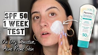 TESTING AVEENO MINERAL SENSITIVE SKIN SUNSCREEN SPF 50  Acne Prone Sensitive Dry skin  1 Week [upl. by Ehud598]