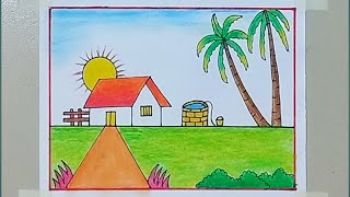 How to Draw Village House Scenery Drawing Village Drawing Scenery with Painting [upl. by Enrol]