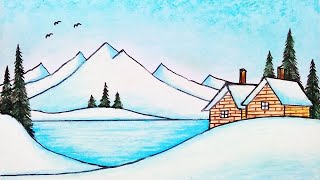 How to Draw Beautiful Winter Season  Easy Scenery Drawing [upl. by Cheney]