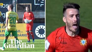 Varzim goalkeeper scores with pitchlength kick in Portuguese match [upl. by Farnsworth]