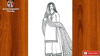 How to draw a beautiful girl in shalwar suit  easy pencil drawing [upl. by Xenophon]