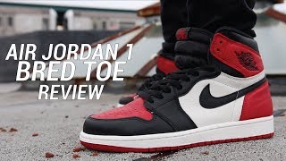 AIR JORDAN 1 BRED TOE REVIEW [upl. by Acinorrev964]