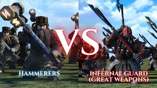 WARHAMMER III Total War  Hammerers VS Infernal Guard Great Weapons [upl. by Ahsienauq]