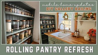 Giving my ROLLING PANTRY a fresh NEW LOOK  DIY gallery railing  Mobile home kitchen updates [upl. by Ardnekal]