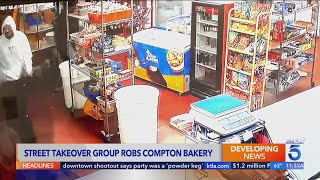 Street takeover mob raids Compton bakery smashes car into store [upl. by Ladiv]