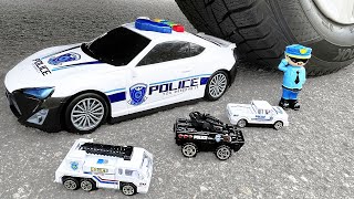 Experiment Wheel Car VS Police Cars Policeman Toys amp Siren Crushing Crunchy amp Soft Things by Car [upl. by Nyrual]