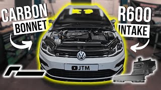 Fitting a RACINGLINE R600 INTAKE amp CARBON BONNET to the Golf R SOUND CLIPS AT THE END [upl. by Ahsinat285]