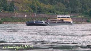 Rheinschifffahrt bei St Goar und St GoarshausenSchiff zu Tal nimmt die Kurve an d Loreley [upl. by Douglass678]