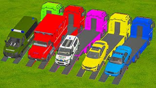 DELIVRY amp TRANSPORTING FIVE COLOR TRACTORS FORD AMBULANCE TRUCKS FIRE TRUCK POLICE CAR  FS 22 [upl. by Akapol]