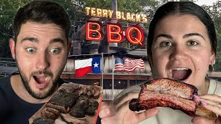 Brits Try TERRY BLACKS BBQ For The First Time In Texas [upl. by Shedd]