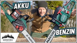 TEST Parkside PKSA40Li vs PBKS53 Kettensägen  Akku oder Benzin [upl. by Lletnahc720]