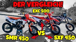 DIE BESTE SUPERMOTO  KTM EXC 500 vs SXF 450 vs SMR 450 [upl. by Assiar]