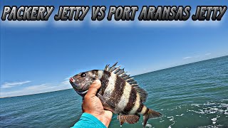 Packery Jetty VS Port Aransas jetty fishing Catching Sheepshead amp Drum [upl. by Yenetruoc]