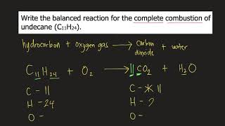 Write the balanced reaction for the complete combustion of undecane C11H24 [upl. by Andris]