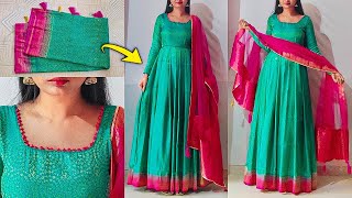 Convert Saree into Long dress in just 10 minutes  Long dressgownfrock cutting stitching  kannada [upl. by Neyut591]