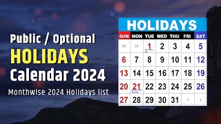 Holidays Calendar 2024  List of Public holidays Government Holidays in 2024 [upl. by Ignatzia]