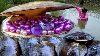 😱😱Prying open a giant freshwater clam filled with beautiful purple pearls the girl was mesmerized [upl. by Pascha]