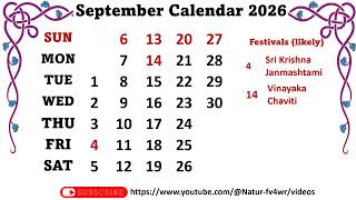 September Calendar 2026  September 2026 Festivals likely some optional and general holidays [upl. by Denn590]