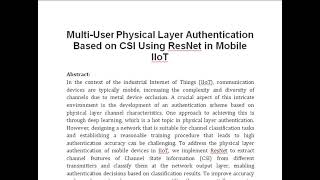 Multi User Physical Layer Authentication Based on CSI Using ResNet in Mobile IIoT [upl. by Philip835]