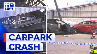 South Melbourne carpark closes after Tesla driver crashes  9 News Australia [upl. by Kcirded515]