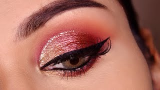 Easy RED AND GOLD Cut Crease EYE MAKEUP TUTORIAL [upl. by Nylhtac]