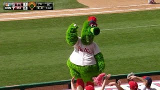 Phillie Phanatic dives on dugout to get ball [upl. by Aissyla]