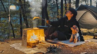 Solo Camping in Forest with My Dog  Grilled Eel in the Wild  Wood Stove ASMR [upl. by Yelahc]