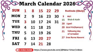 March Calendar 2026 marchcalender2026 [upl. by Whitelaw]