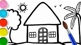 How to draw a hut Drawing Colouring and Painting for Kids and ToddlersHouse Drawing [upl. by Pump]