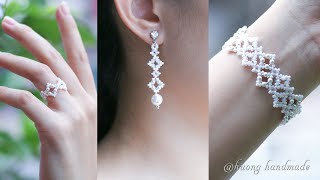 DIY elegant bridal jewelry set Beading tutorial Bracelet earrings amp ring [upl. by Etnor]