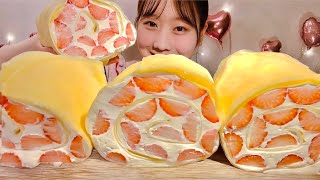 ASMR Strawberry Crepe Roll【Mukbang Eating Sounds】【English subtitles】 [upl. by Nailuj]