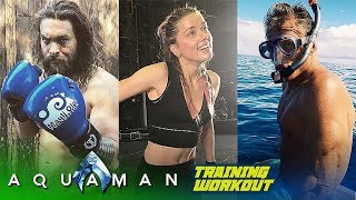 Aquaman Cast TRAINING WORKOUT Jason Momoa amp Amber Heard [upl. by Atsirhc]