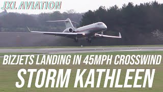 BIZJET CROSSWIND LANDINGS  Storm Kathleen 45MPH winds  LUTON Private Jets Gulfstream 4K 60FPS [upl. by Troxell]