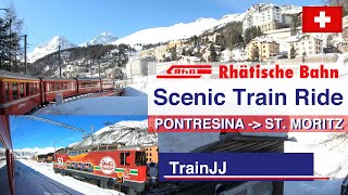 4K RhB Pontresina to St Moritz Train Ride in the snow  Bernina Express route Switzerland [upl. by Ashton]