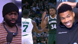 Giannis couldnt believe Jaylen Brown called him a child for fake handshake [upl. by Aret909]