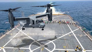 Massive US V22 Try to Land on a Dangerous Moving US Navy Ship at Sea [upl. by Neyrb]