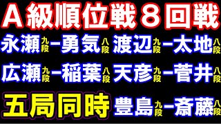 A級順位戦8回戦一斉対局､5局同時配信！盤面なし評価値放送 永瀬九段ｰ勇気八段､渡辺明九段ｰ太地八段､広瀬九段ｰ稲葉八段､天彦九段ｰ菅井八段､豊島九段ｰ斎藤八段 [upl. by Aikemaj]