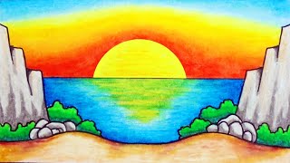 Cara Menggambar Matahari Terbenam di Laut  How To Draw Easy Sunset Scenery For Beginners [upl. by Fiel]