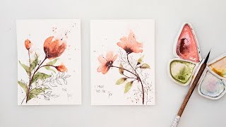 Watercolor simple floral cards tutorial for beginners  ink and wash cards [upl. by Nador]