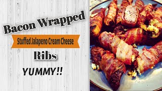 Stuffed Bacon Wrapped Pork Ribs Recipe  Stuffed Jalapeno Cream Cheese Pork Spare Ribs Recipe [upl. by Arreik212]